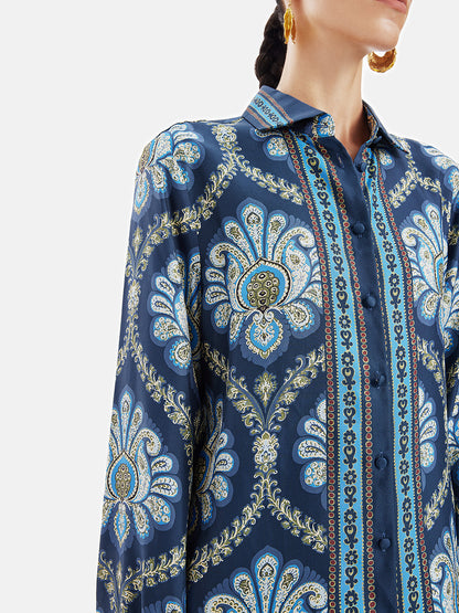 Retro Ethnic Print Loose Silk Shirt