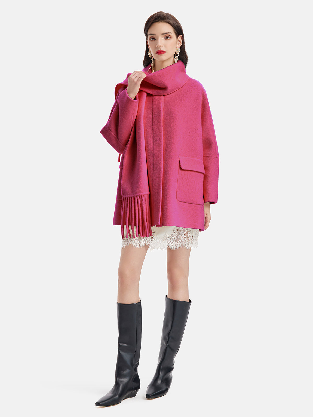 Fringe Neck Scarf Cashmere Coat