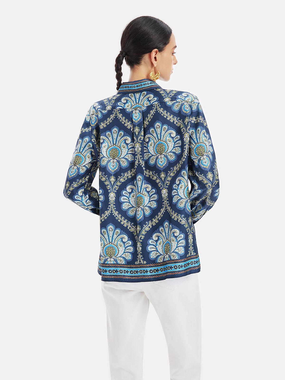 Retro Ethnic Print Loose Silk Shirt