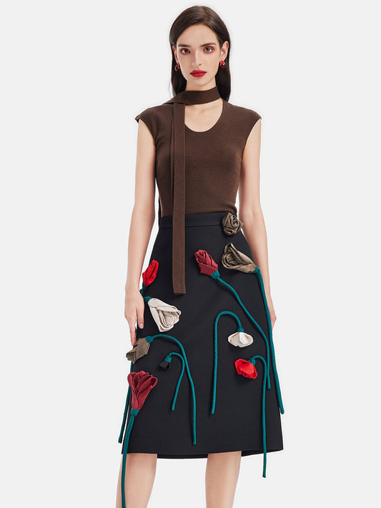 Handcrafted Haute Couture 3D Rose Wool Skirt