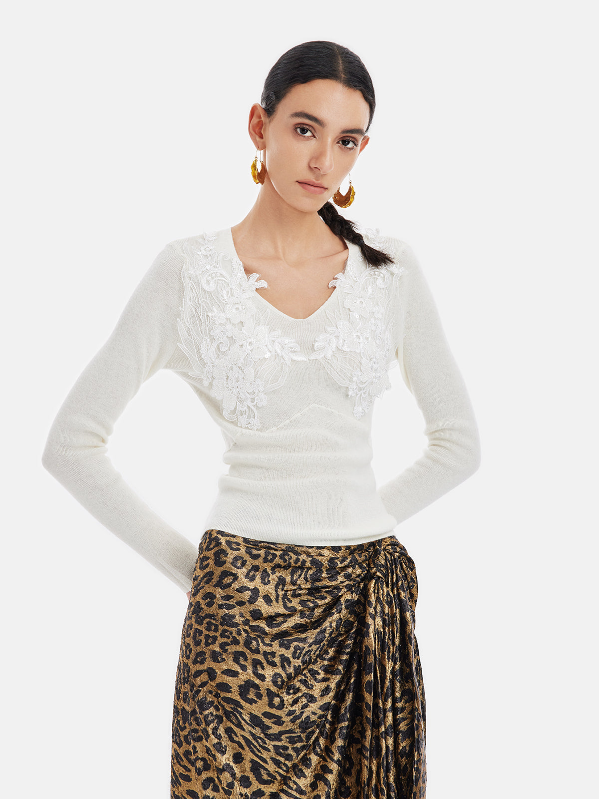 V-Neck Lace Wool Embroidered Sweater