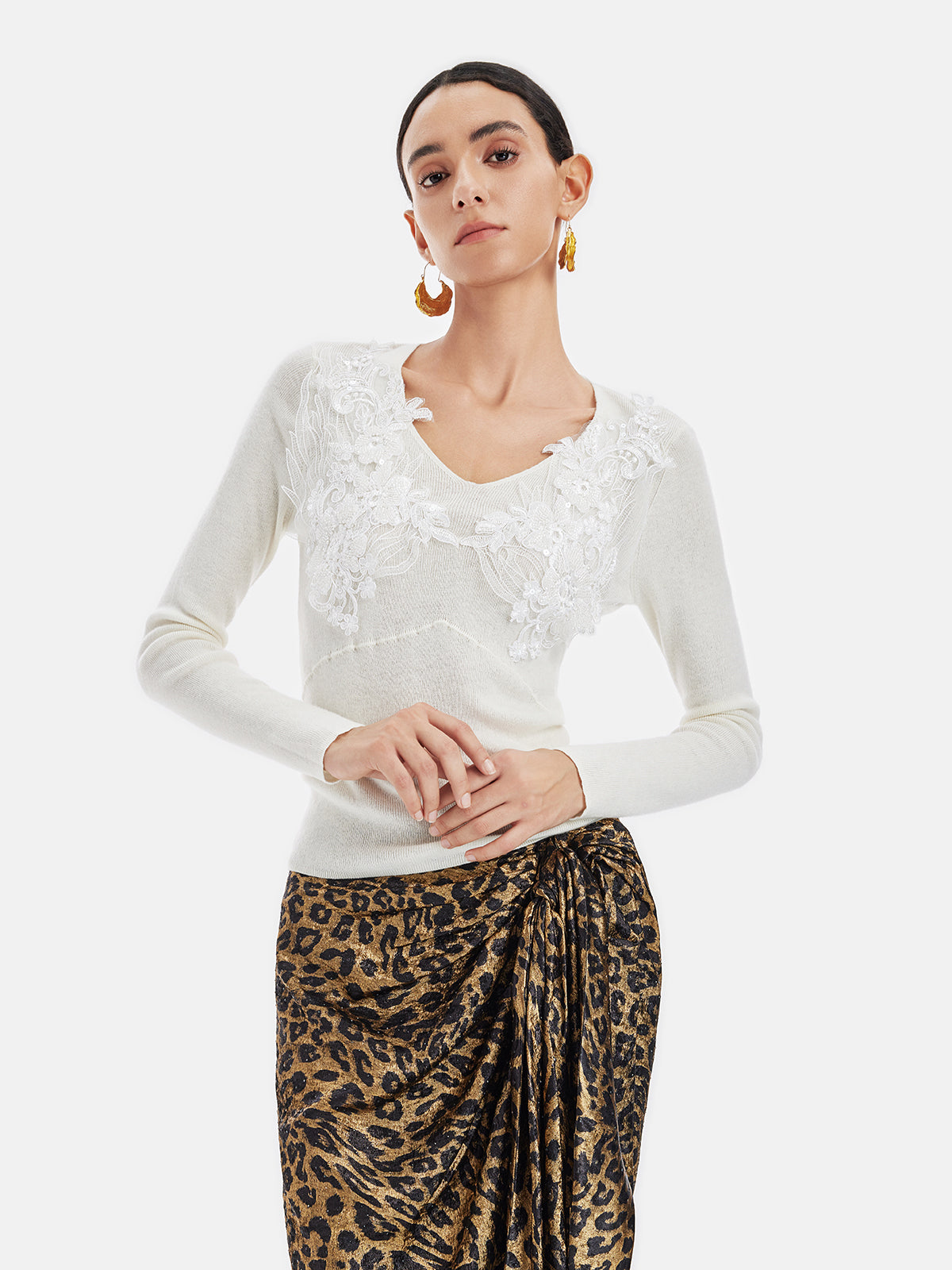 V-Neck Lace Wool Embroidered Sweater