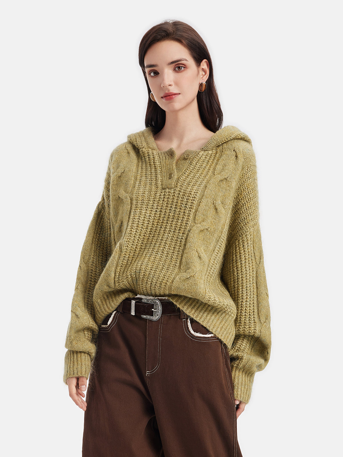 Cable-Knit Hooded Wool Sweater