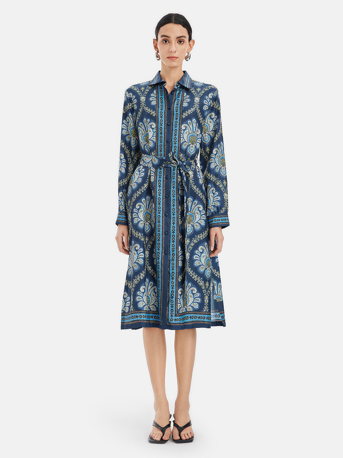 Retro Ethnic Print Silk Shirt Dress