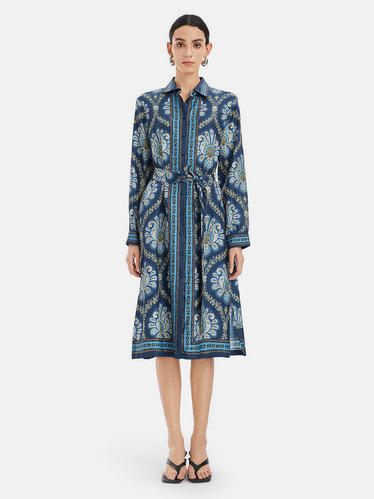 Retro Ethnic Print Silk Shirt Dress