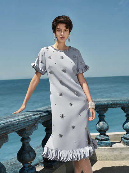 Hand-Sewn Beaded Floral-Trim Dress