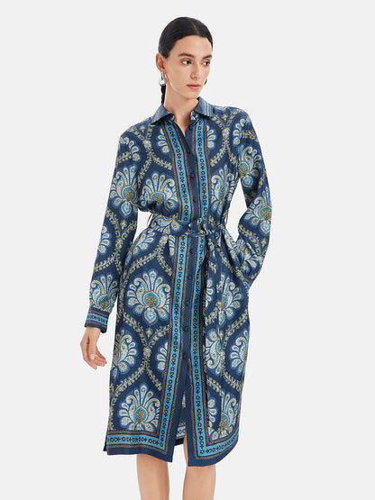 Retro Ethnic Print Silk Shirt Dress