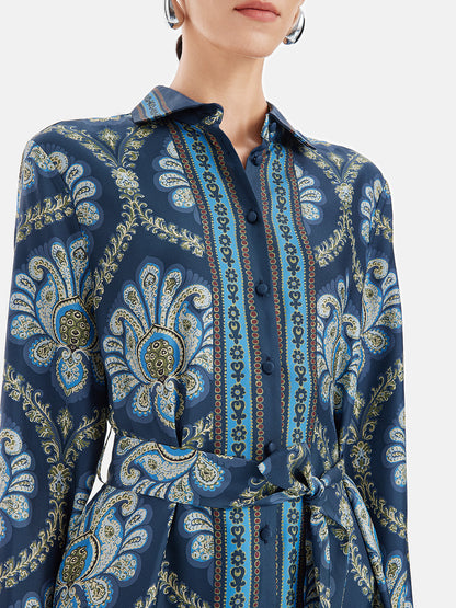 Retro Ethnic Print Silk Shirt Dress