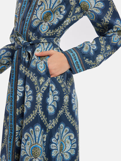 Retro Ethnic Print Silk Shirt Dress