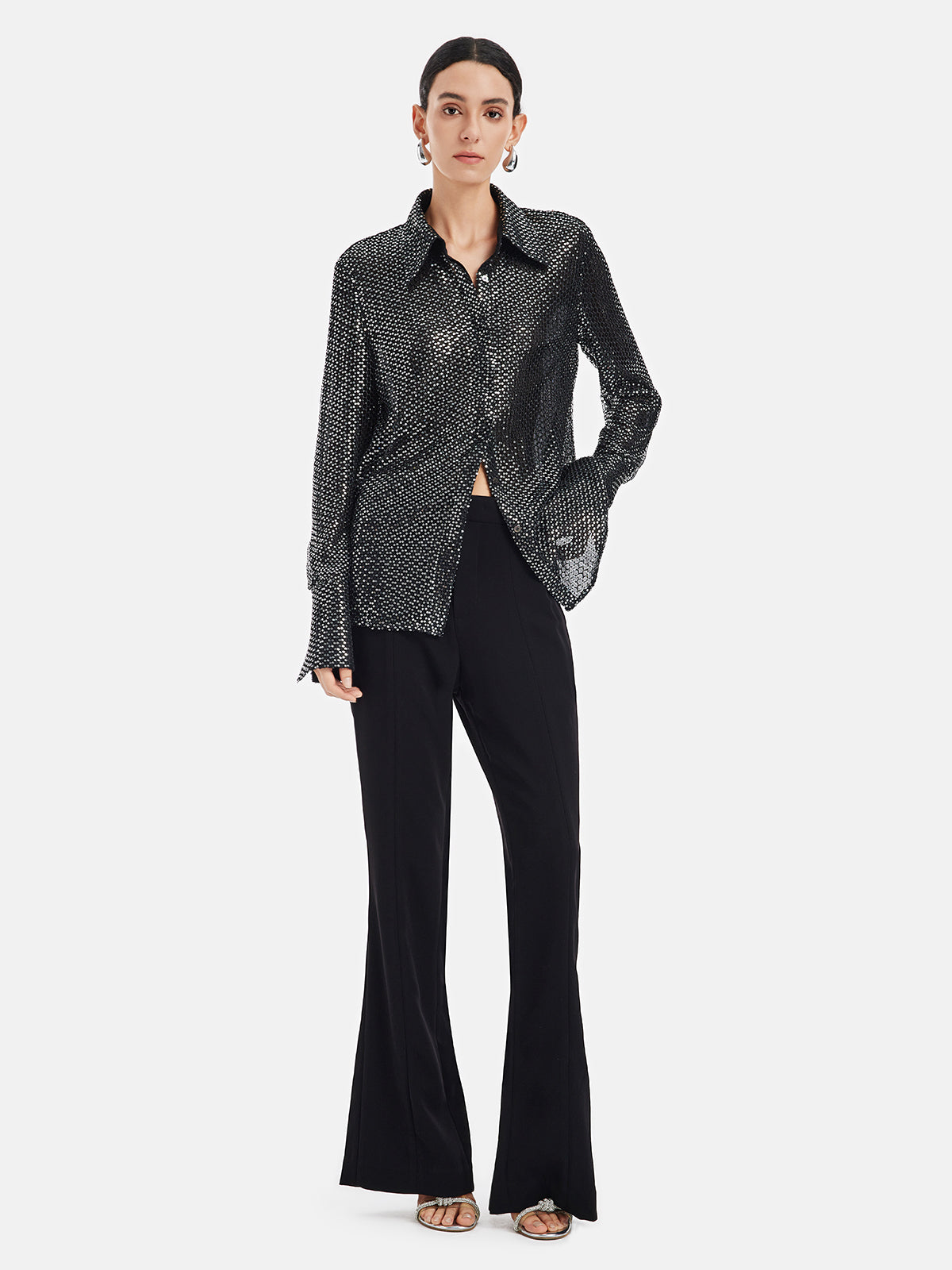 Chic Sequined Flared Sleeve Shirt