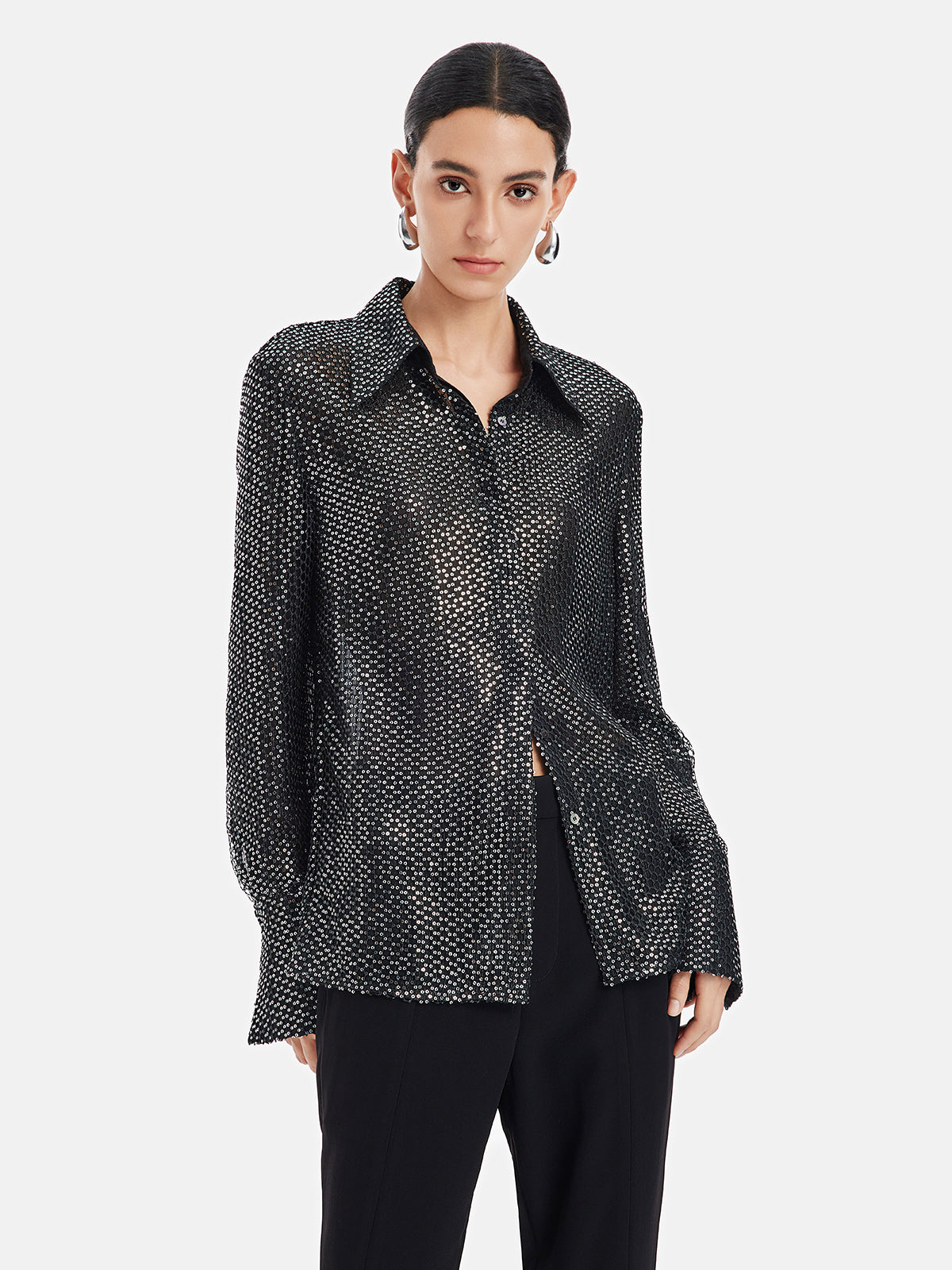 Chic Sequined Flared Sleeve Shirt