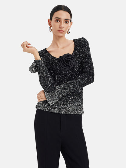 Fitted Black Silver Gradient Beaded Top