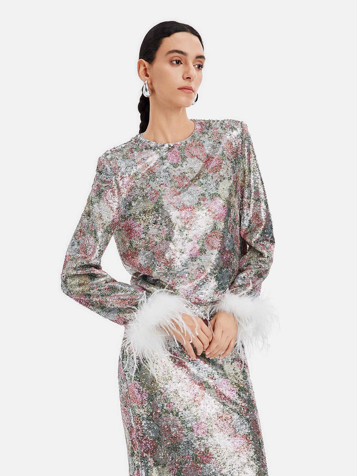 Luxe Rose Sequin Feather Sleeve Top