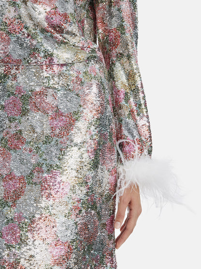 Luxe Rose Sequin Feather Sleeve Top