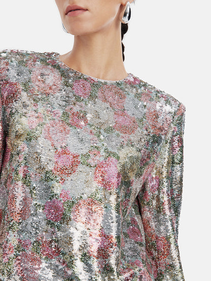 Luxe Rose Sequin Feather Sleeve Top