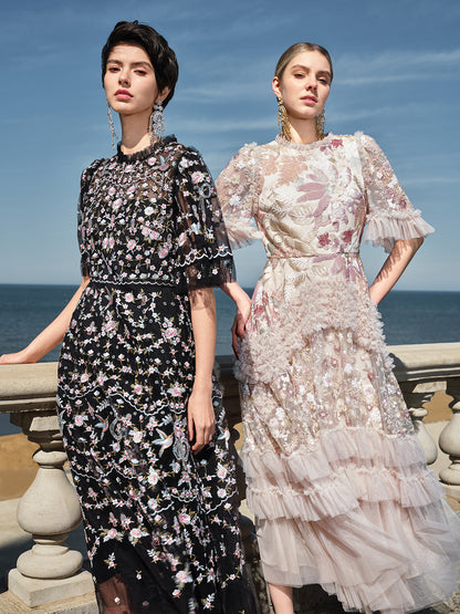 Embroidered Floral Ruffled Tulle Dress