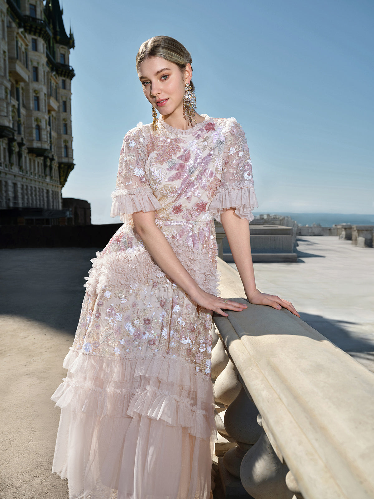 3D Floral Sequin Tulle Ruffle Dress