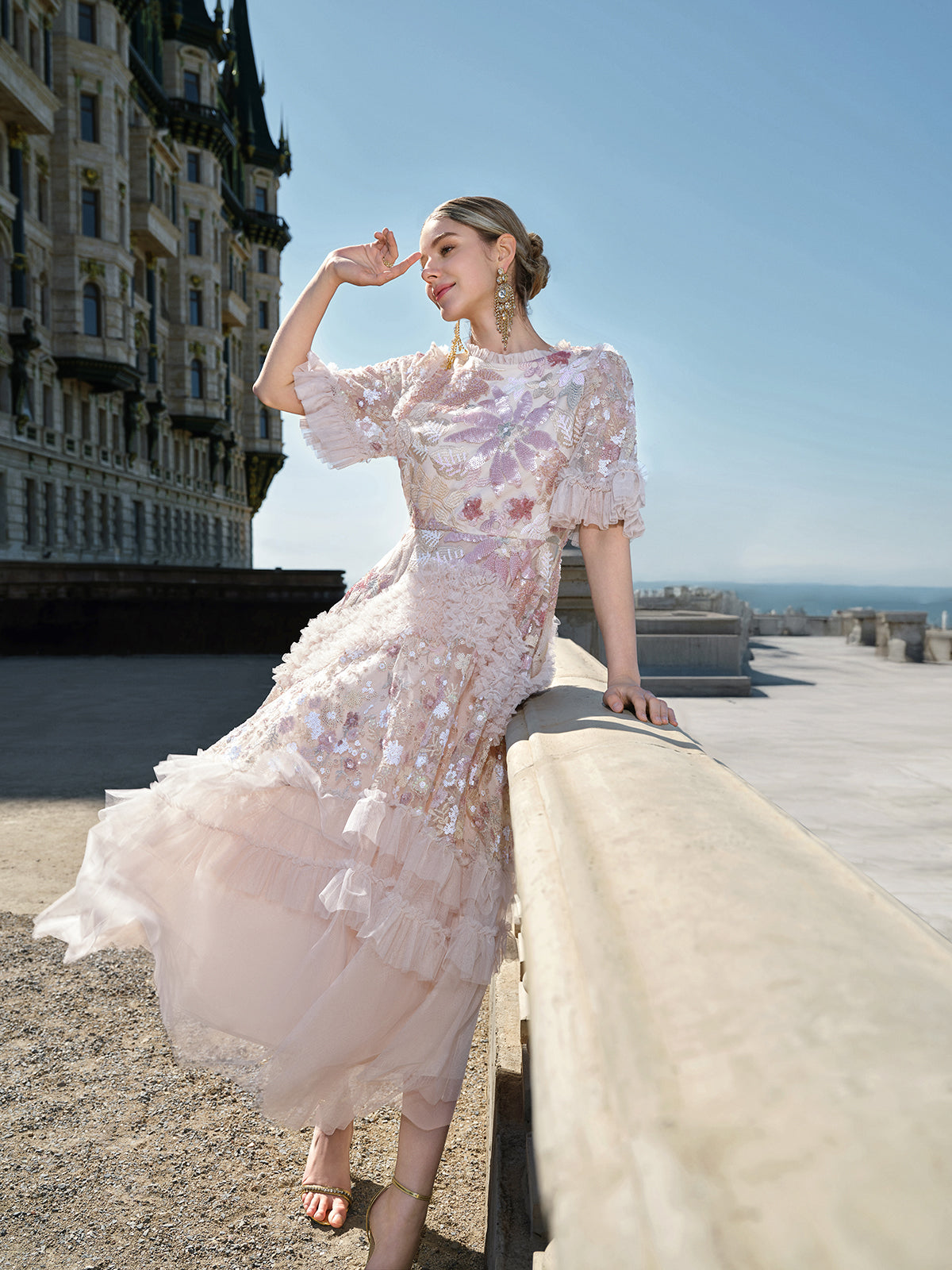 3D Floral Sequin Tulle Ruffle Dress