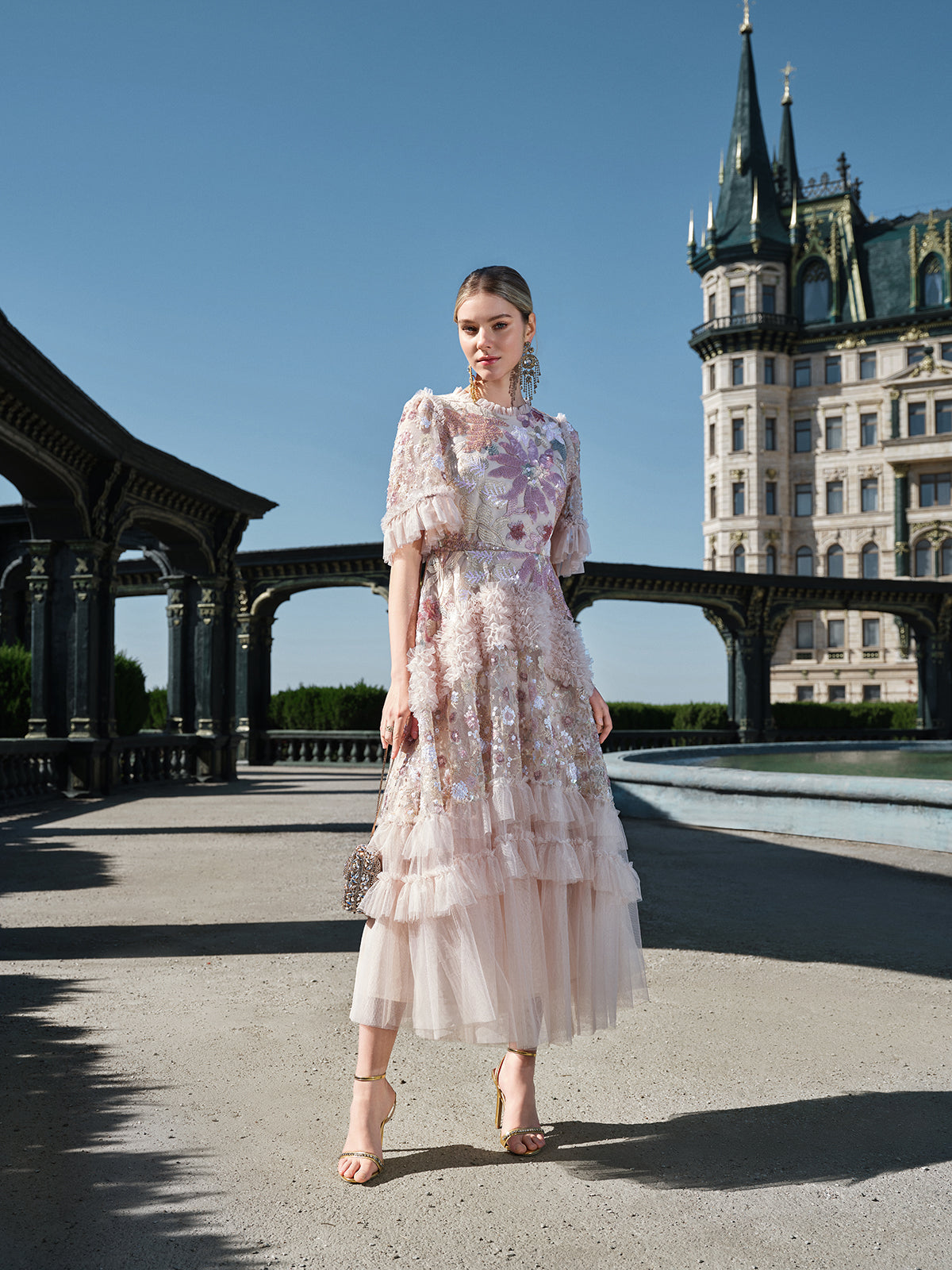 3D Floral Sequin Tulle Ruffle Dress