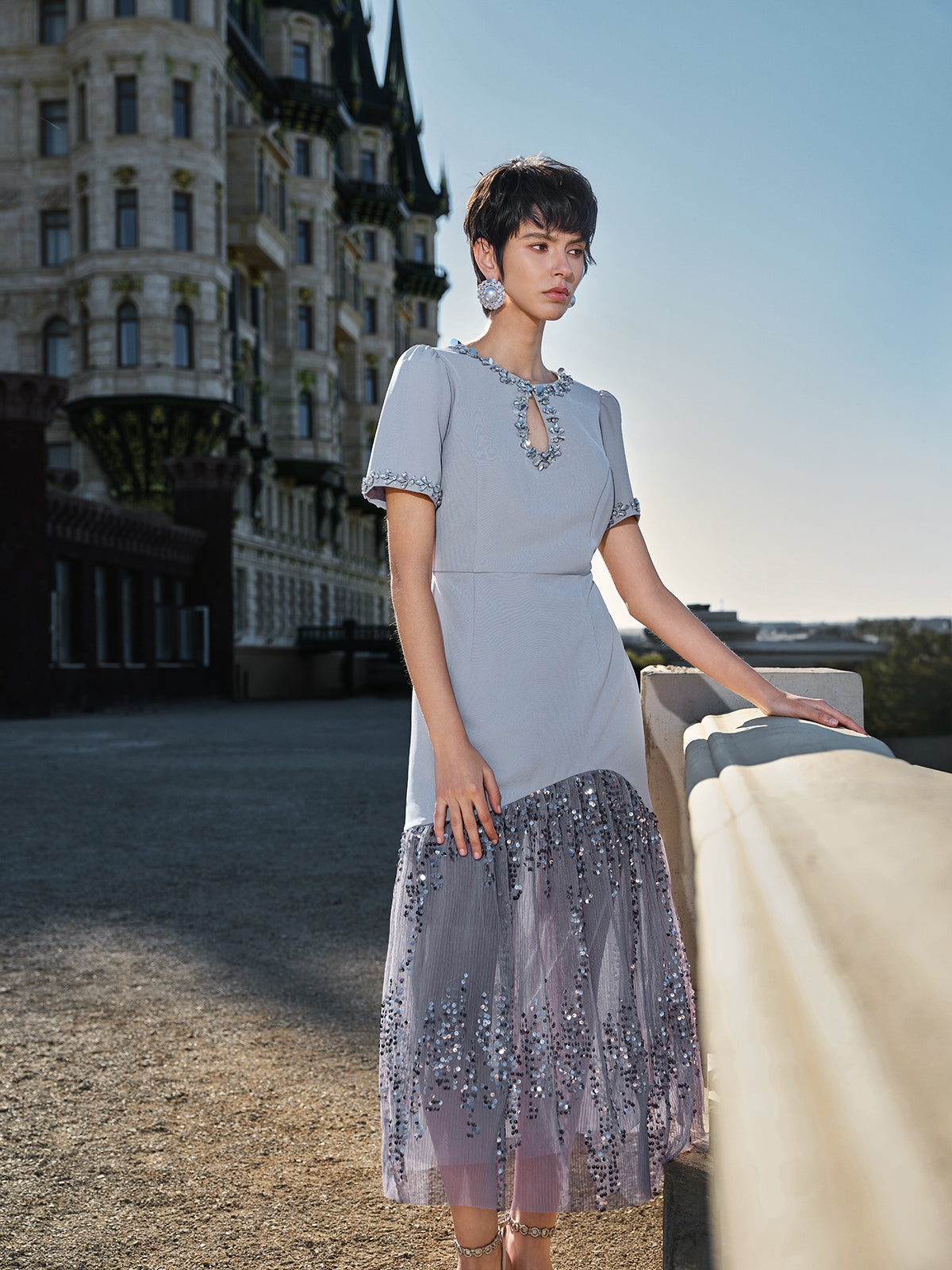 Hand-Beaded Sequin Tulle-Paneled Dress
