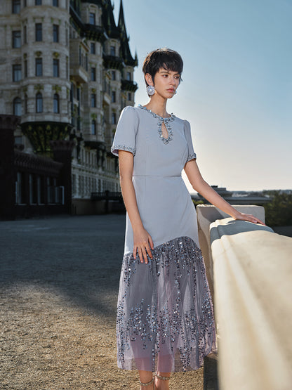 Hand-Beaded Sequin Tulle-Paneled Dress