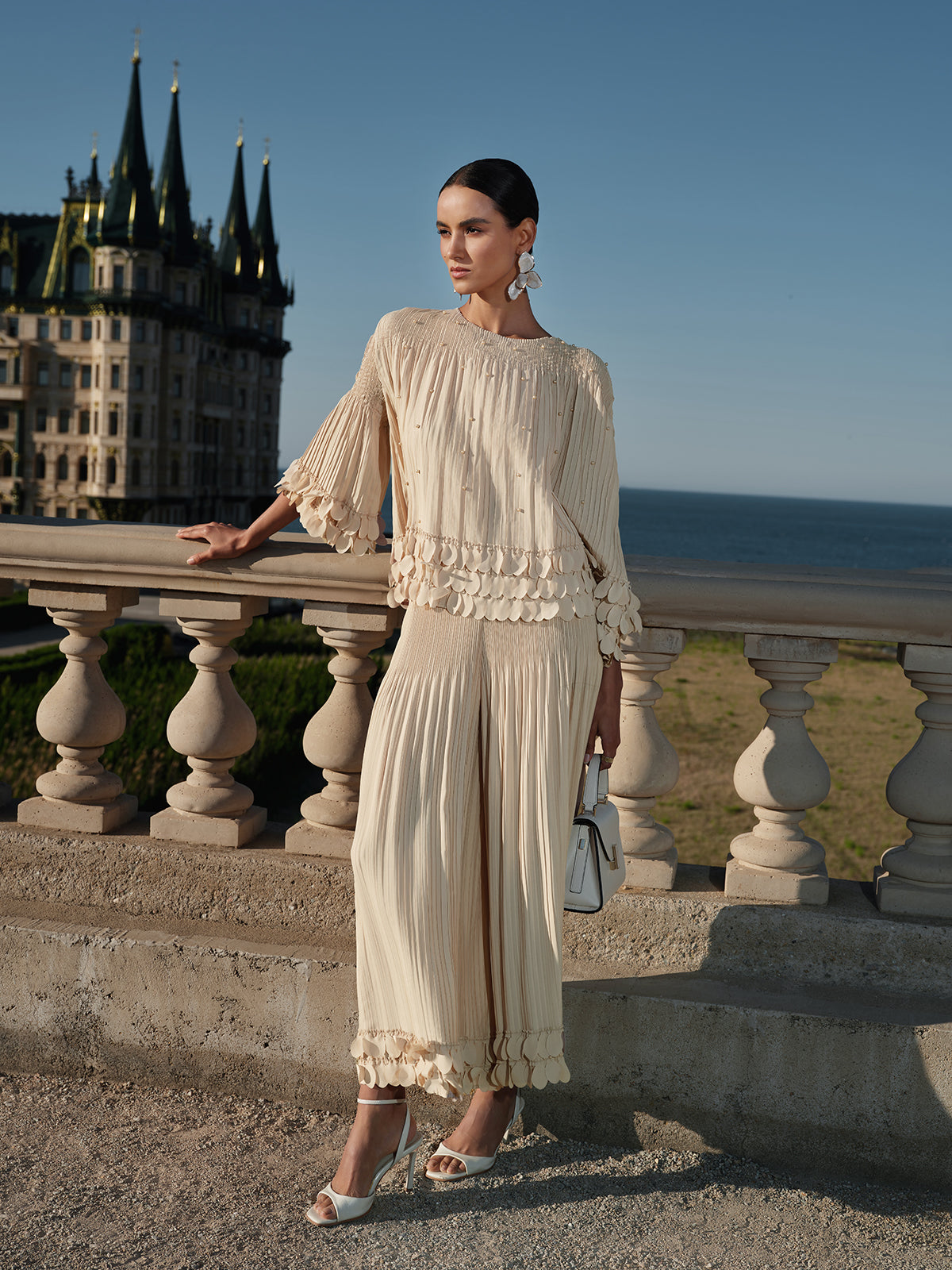 Hand-Stitched Floral Beaded Pleated Set