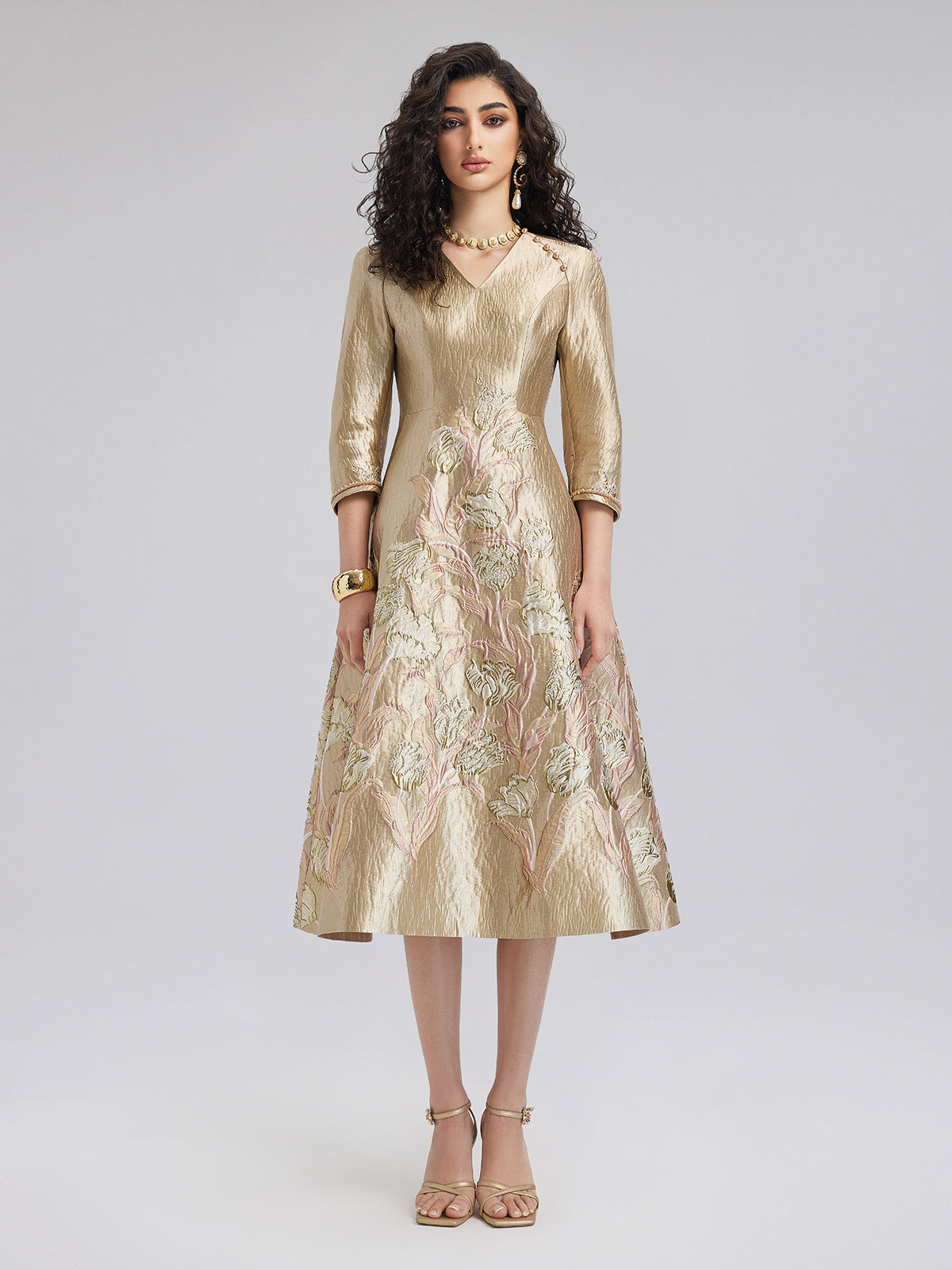 Elegant Gold-Hued Floral Midi Dress