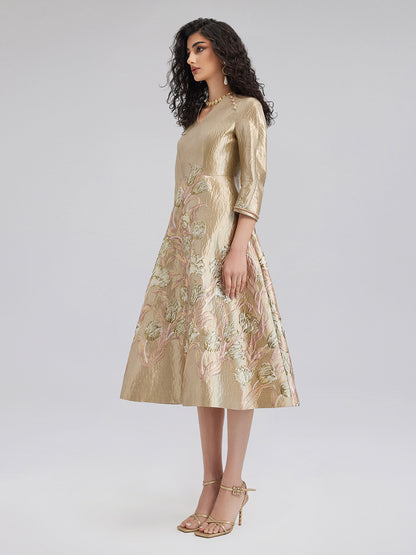 Elegant Gold-Hued Floral Midi Dress