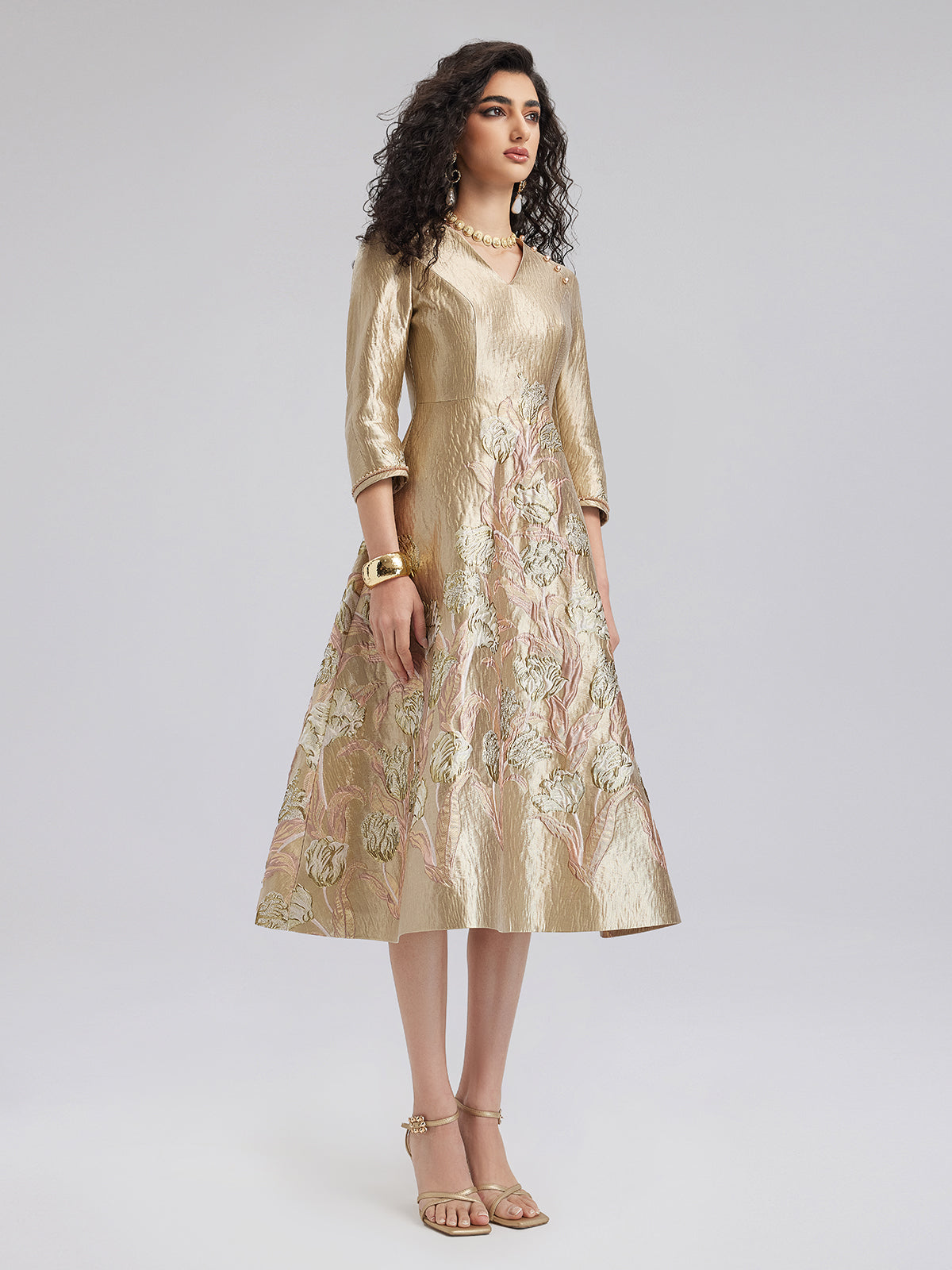 Elegant Gold-Hued Floral Midi Dress