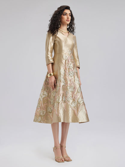 Elegant Gold-Hued Floral Midi Dress