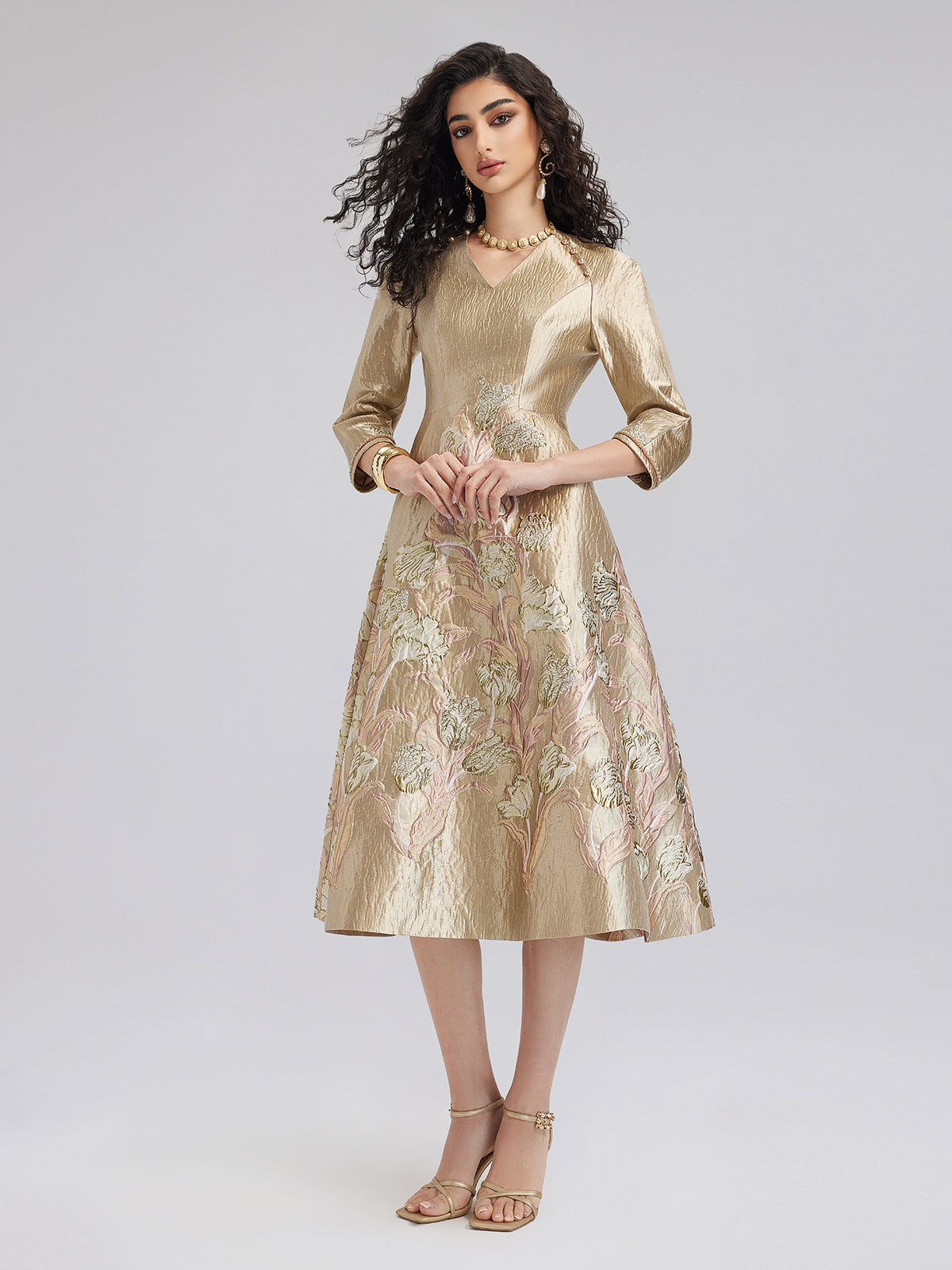 Elegant Gold-Hued Floral Midi Dress