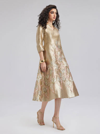 Elegant Gold-Hued Floral Midi Dress