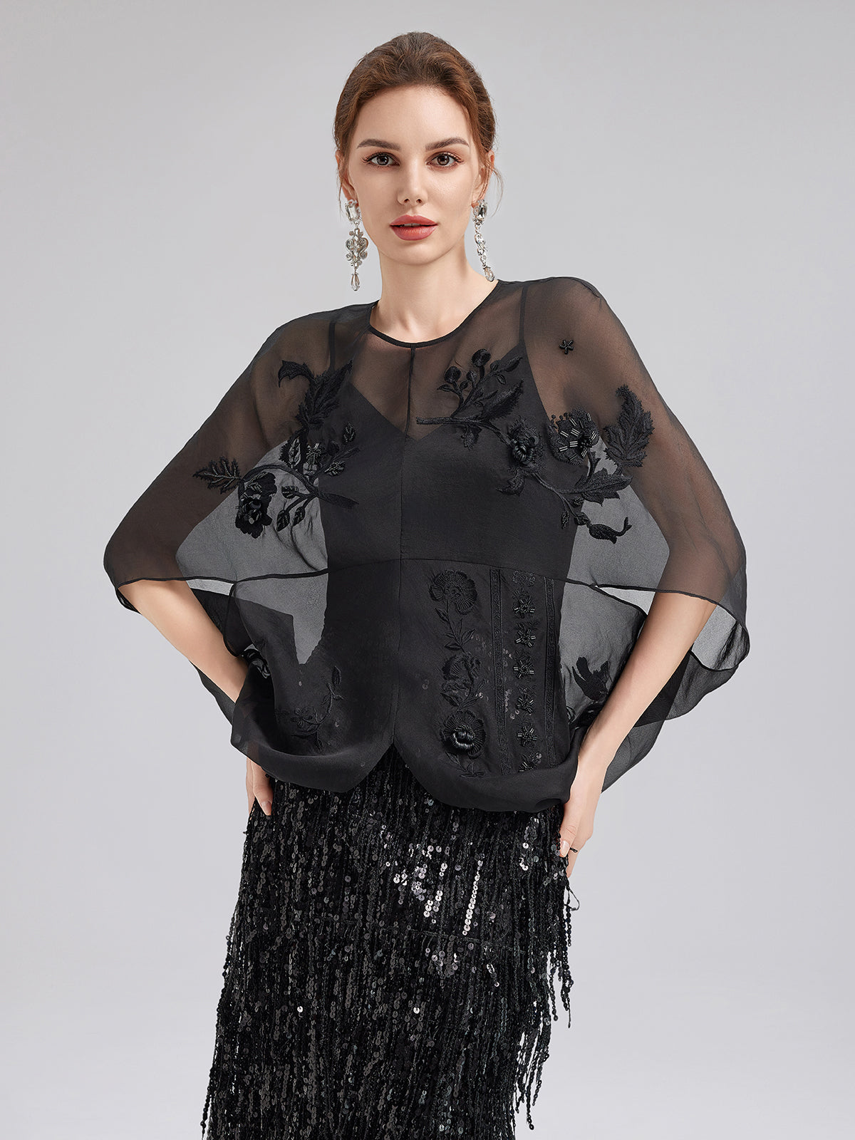 Luxe Sensual Sheer Silk Embroidered Blouse