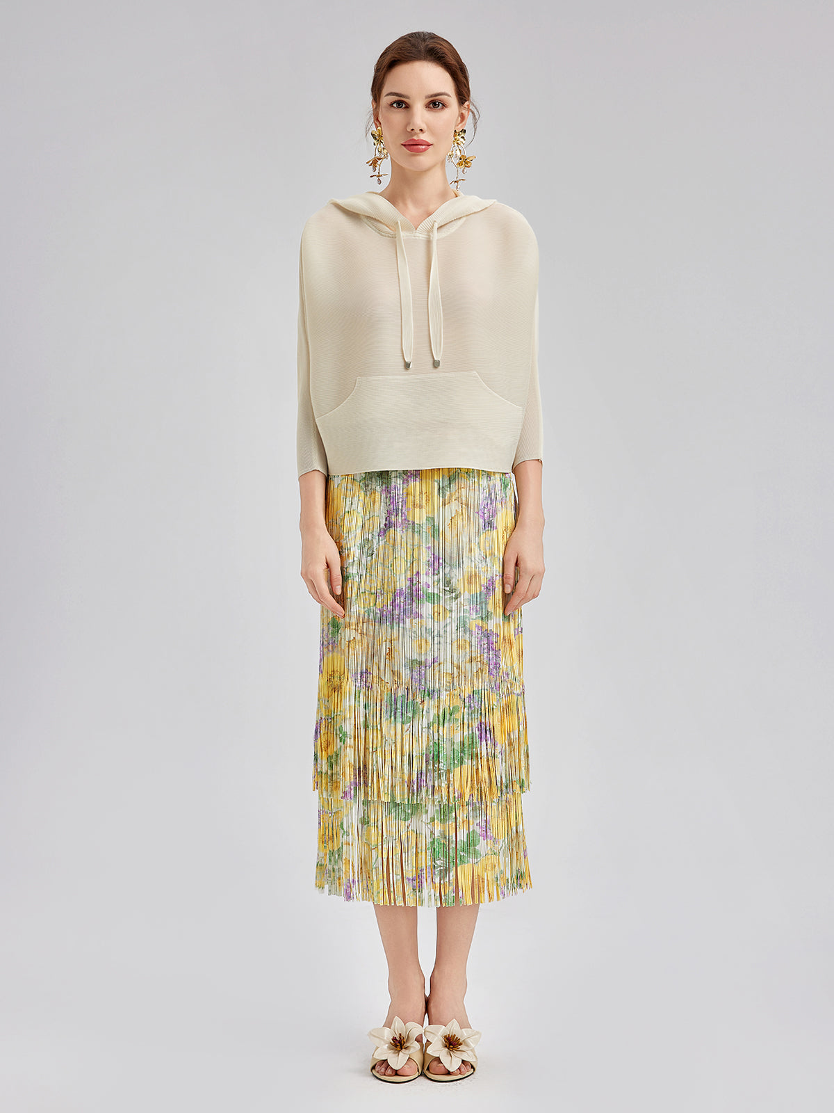 Elegant Floral Pleated Fringe Skirt