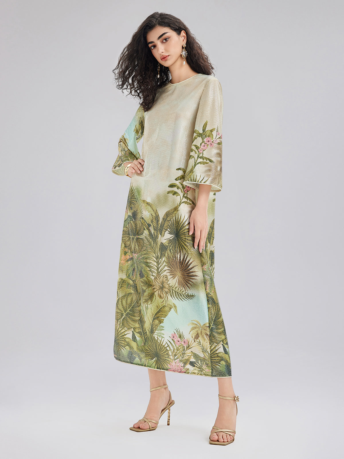 Tropical Plant Knit Long-Sleeve Dress, GREEN&YELLOW / S Tropical Plant Knit Long-Sleeve Dress, GREEN&YELLOW / S