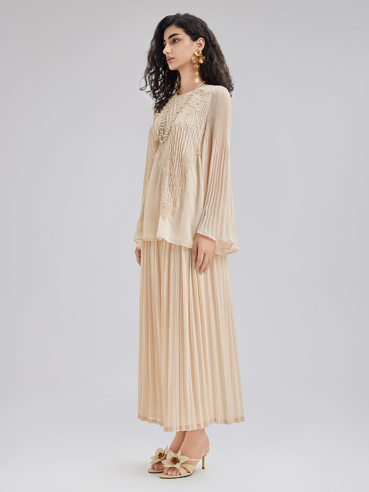 Final Sale | Luxe Embroidered Pleated Long-Sleeve Top