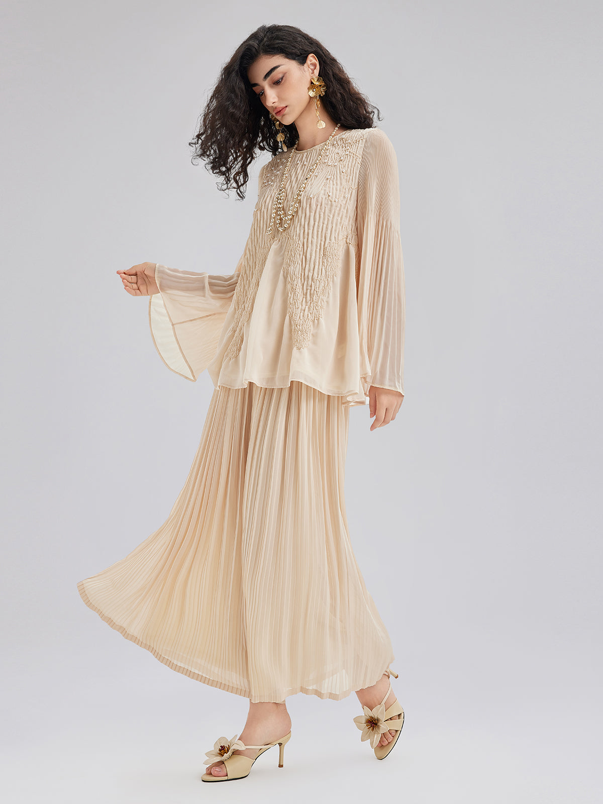 Final Sale | Luxe Embroidered Pleated Long-Sleeve Top