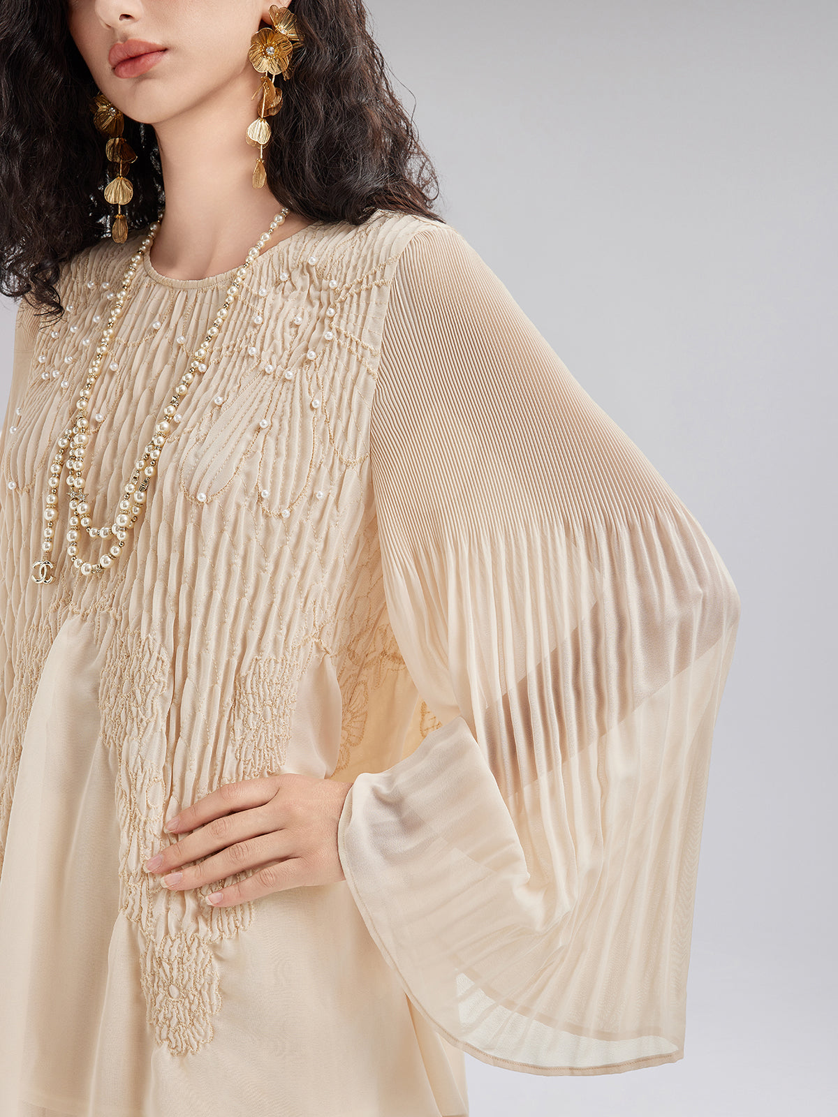 Final Sale | Luxe Embroidered Pleated Long-Sleeve Top