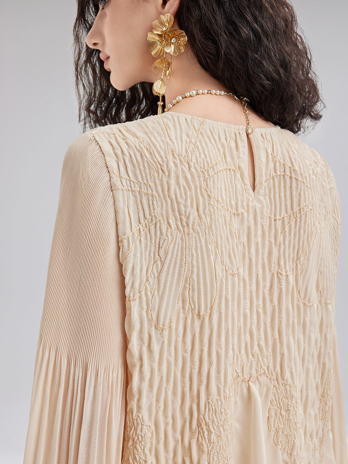 Final Sale | Luxe Embroidered Pleated Long-Sleeve Top