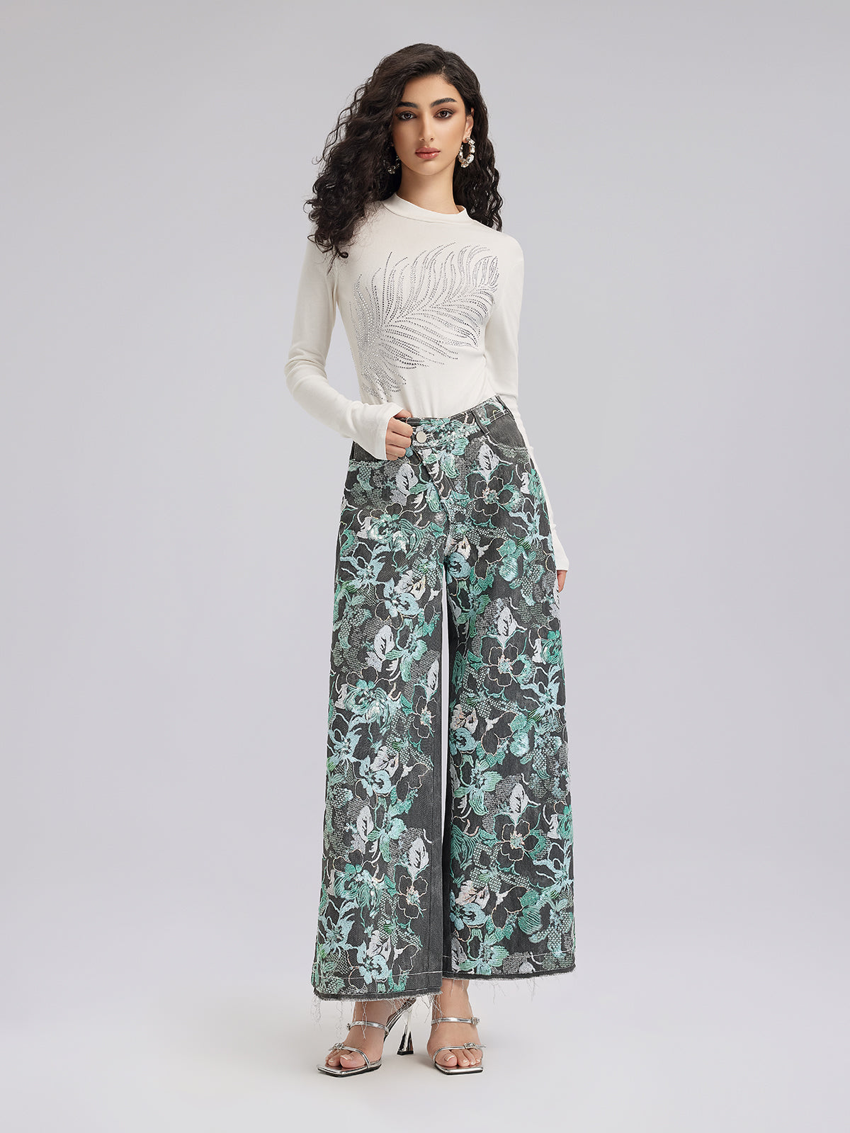 Sequin Embroidery Wide-leg Pants