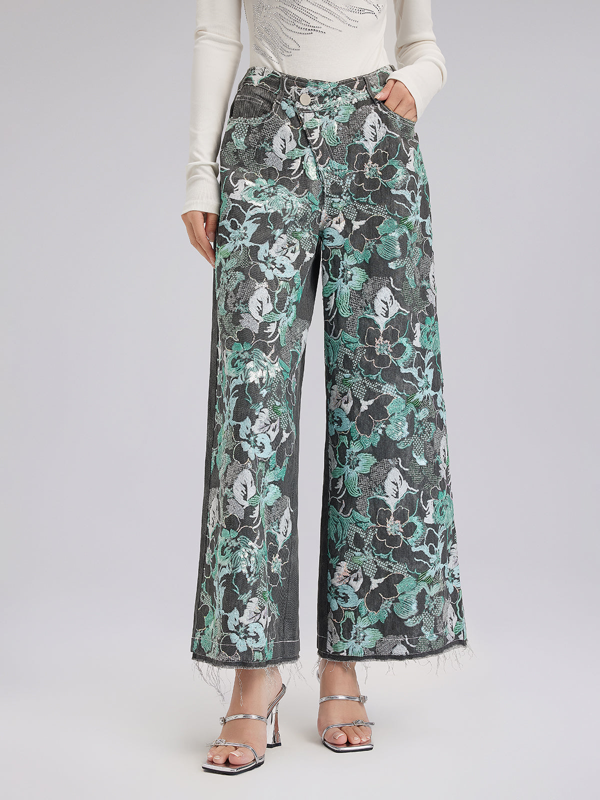 Sequin Embroidery Wide-leg Pants