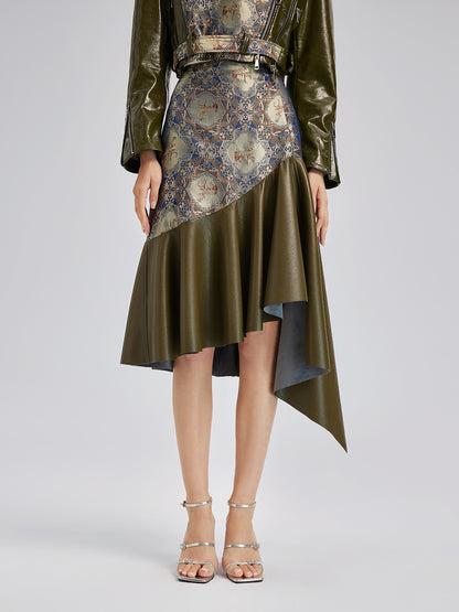 Luxurious Brocade Leather Patchwork Skirt