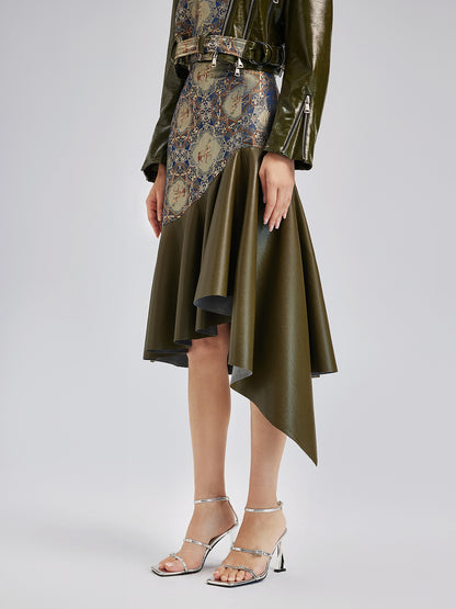 Luxurious Brocade Leather Patchwork Skirt