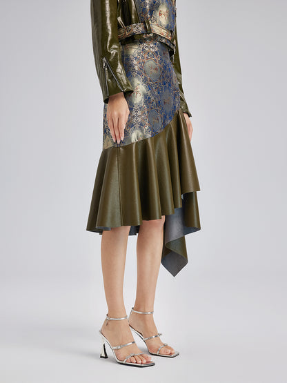 Luxurious Brocade Leather Patchwork Skirt