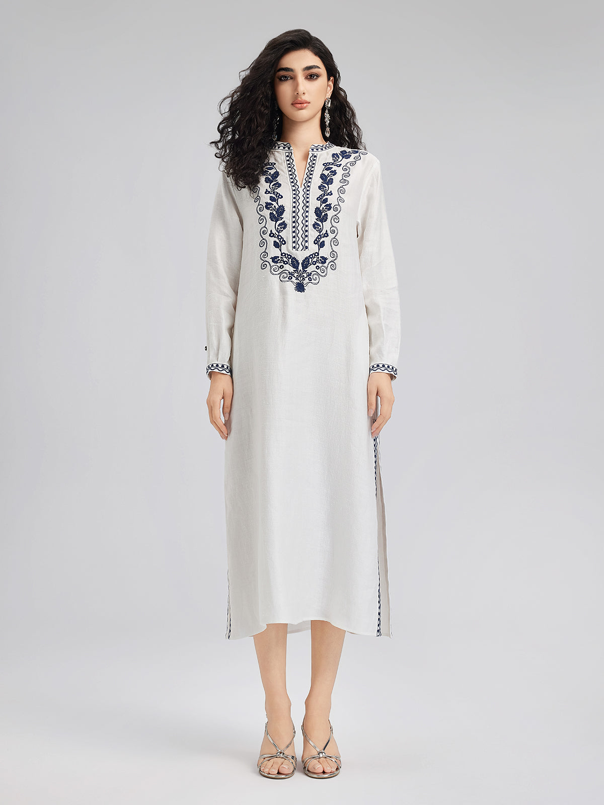 French Ramie Color-block Embroidered Dress