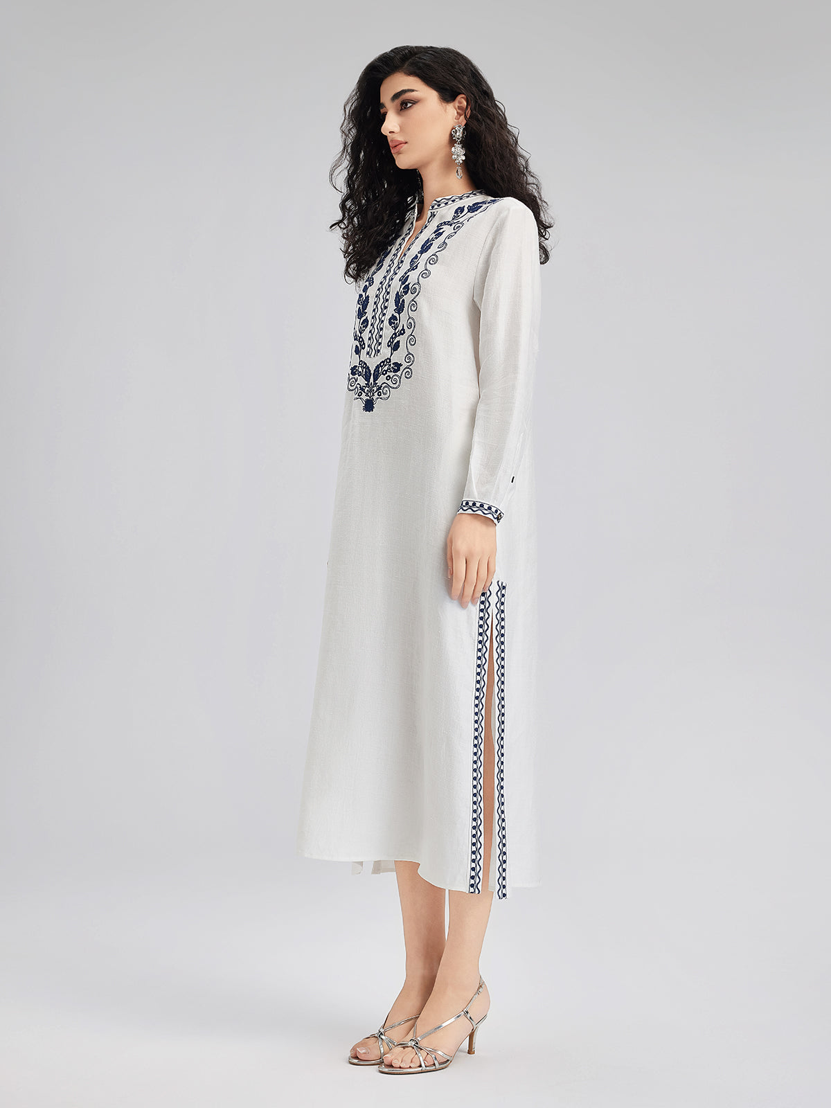 French Ramie Color-block Embroidered Dress