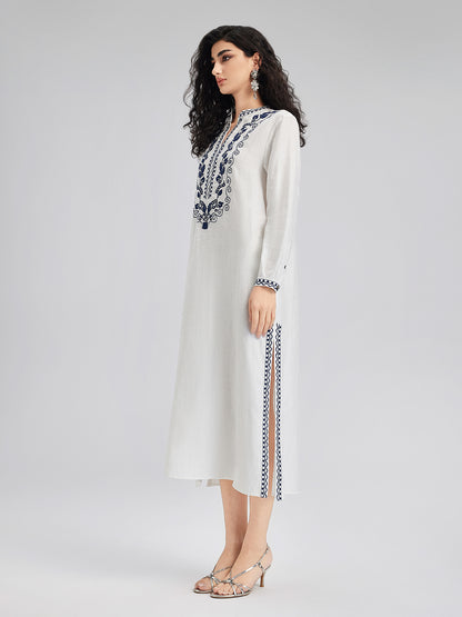 French Ramie Color-block Embroidered Dress