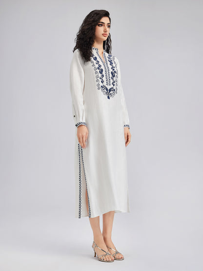 French Ramie Color-block Embroidered Dress