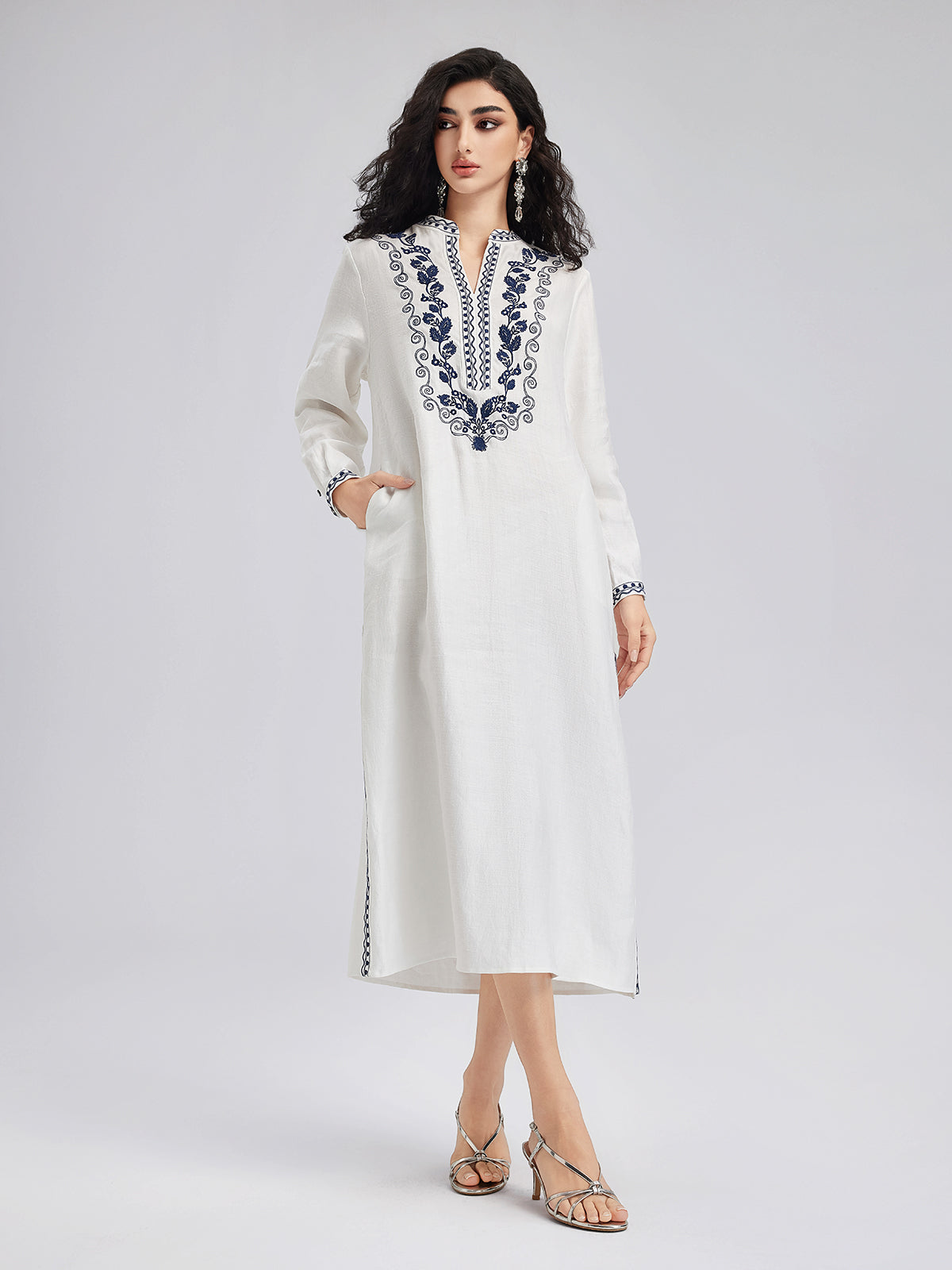 French Ramie Color-block Embroidered Dress