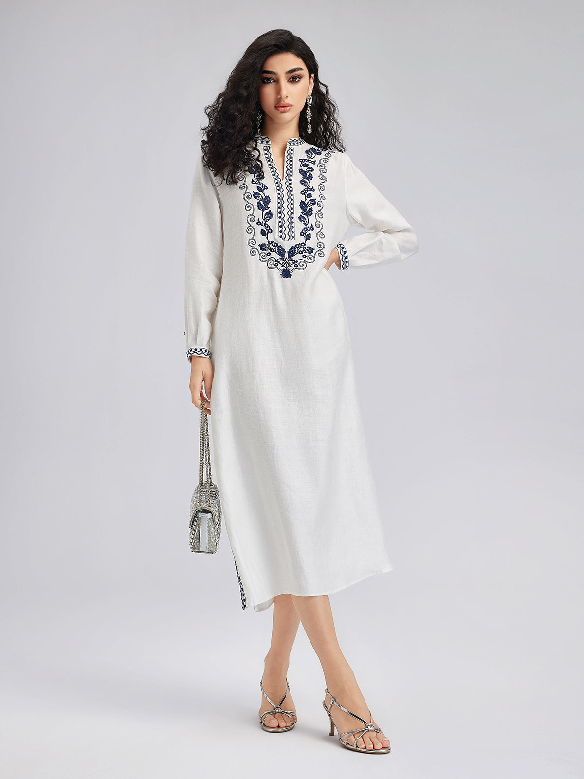 French Ramie Color-block Embroidered Dress